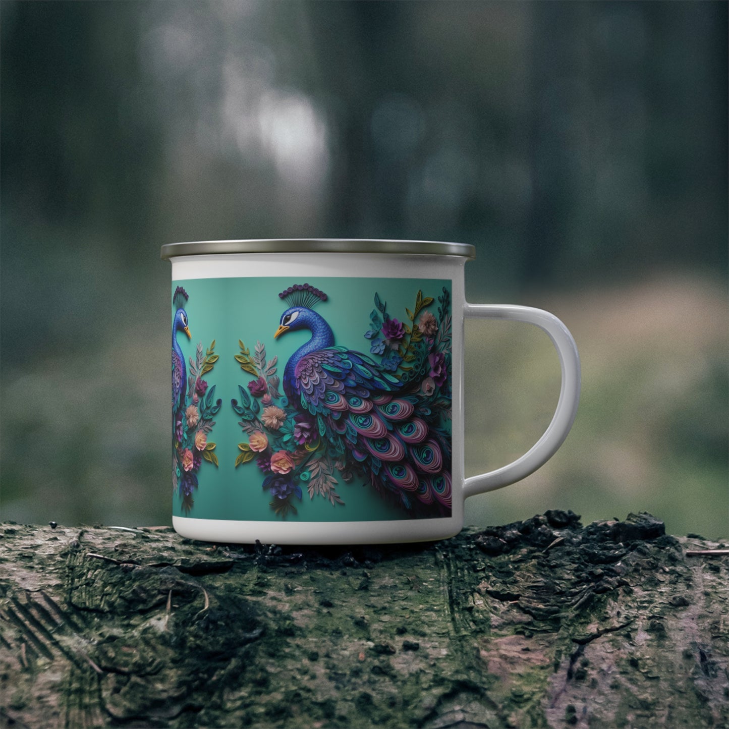 "Majestic Wanderer" Peacock Enamel Camping Mug