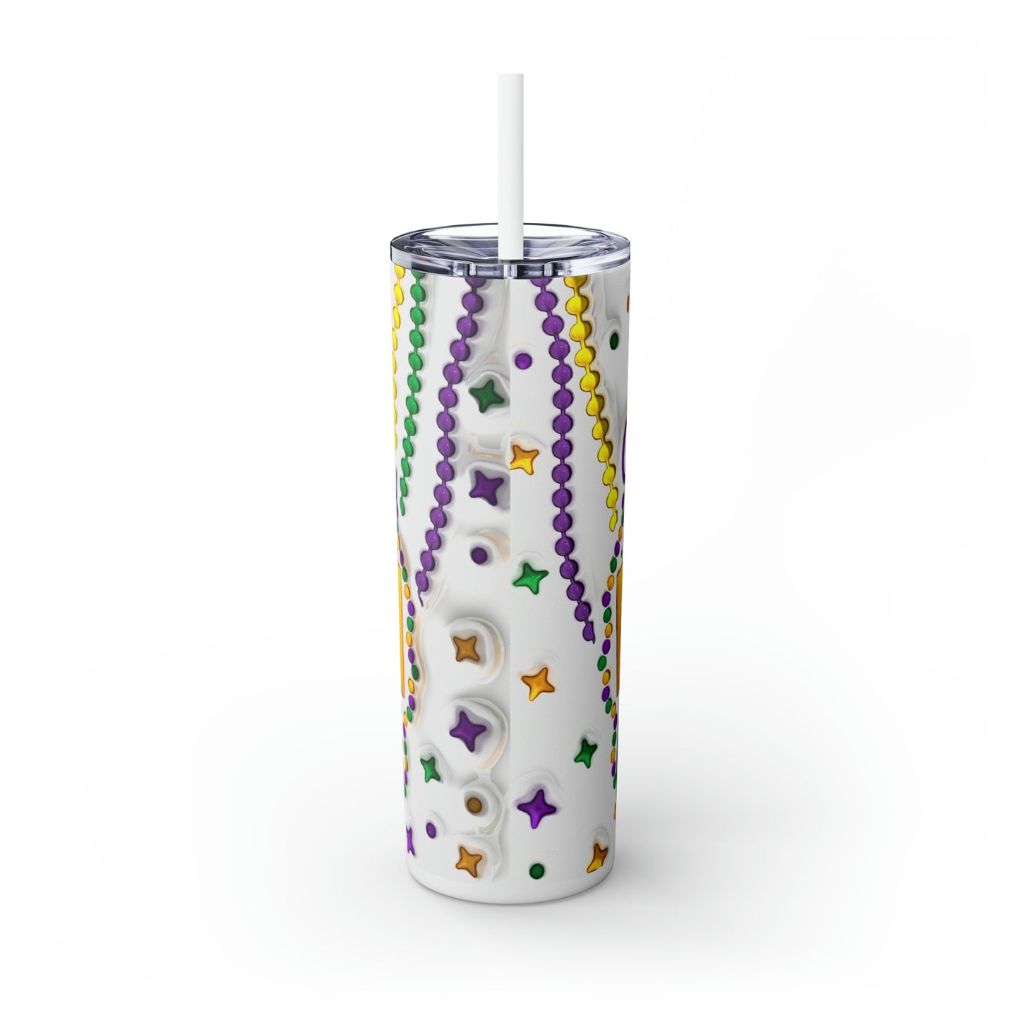 3D "Happy Mardi Gras" Skinny Stainless Steel Tumbler with Straw, 20oz