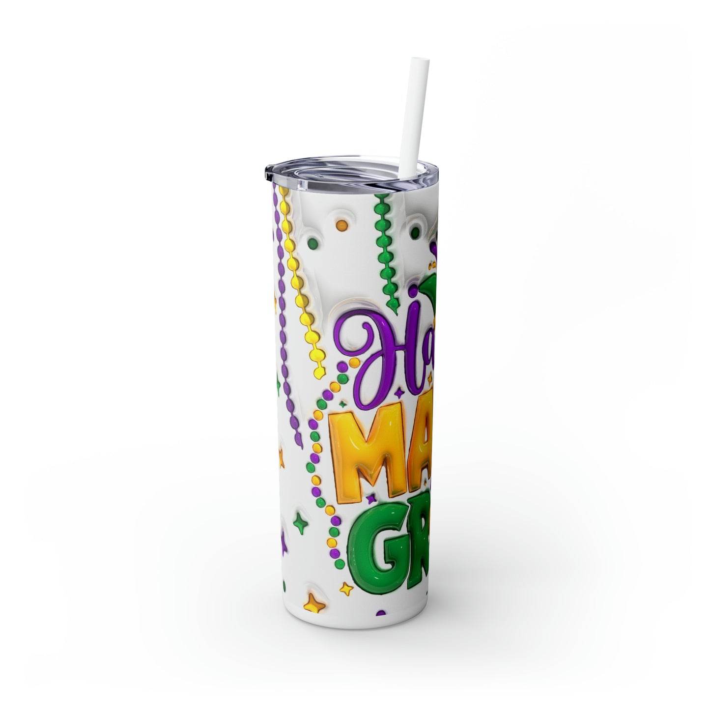 3D "Happy Mardi Gras" Skinny Stainless Steel Tumbler with Straw, 20oz