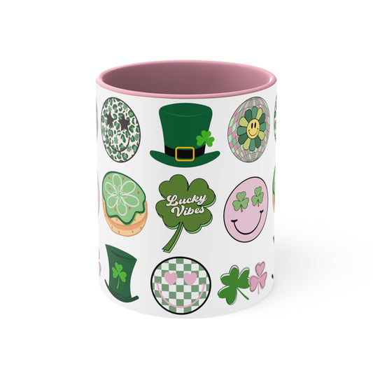 "Lucky Vibes" Pink Accent Coffee Mug, 11oz