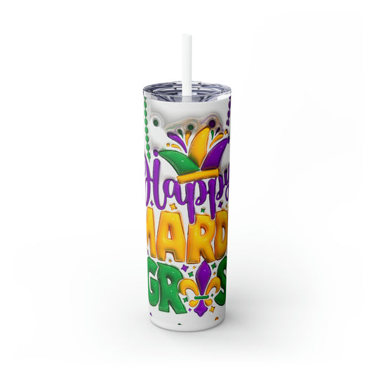 3D "Happy Mardi Gras" Skinny Stainless Steel Tumbler with Straw, 20oz