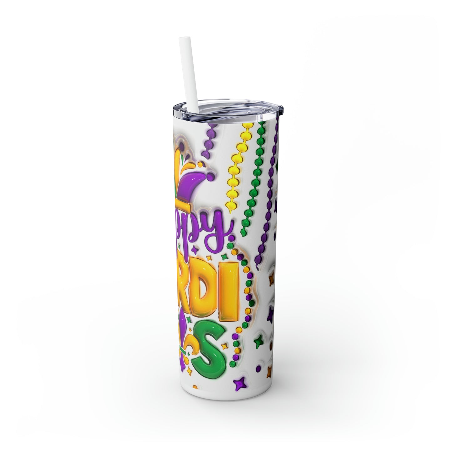 3D "Happy Mardi Gras" Skinny Stainless Steel Tumbler with Straw, 20oz