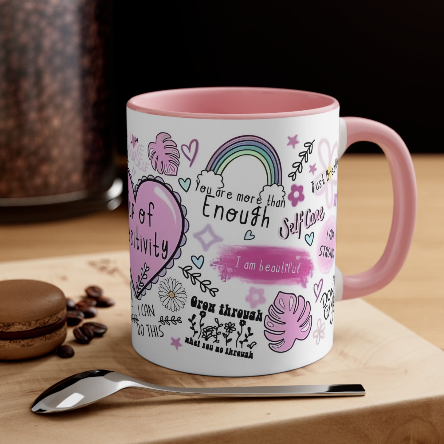 "Cup of Positivity" Pink Accent Coffee Mug, 11oz